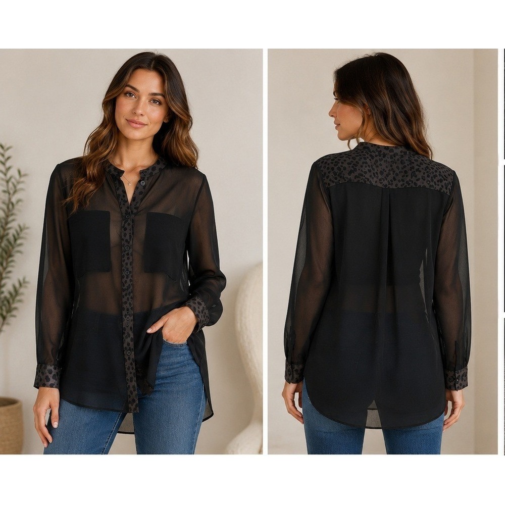 Sanctuary Cafe Tunic Women L Black Sheer Leopard Print Button Front Blouse NEW